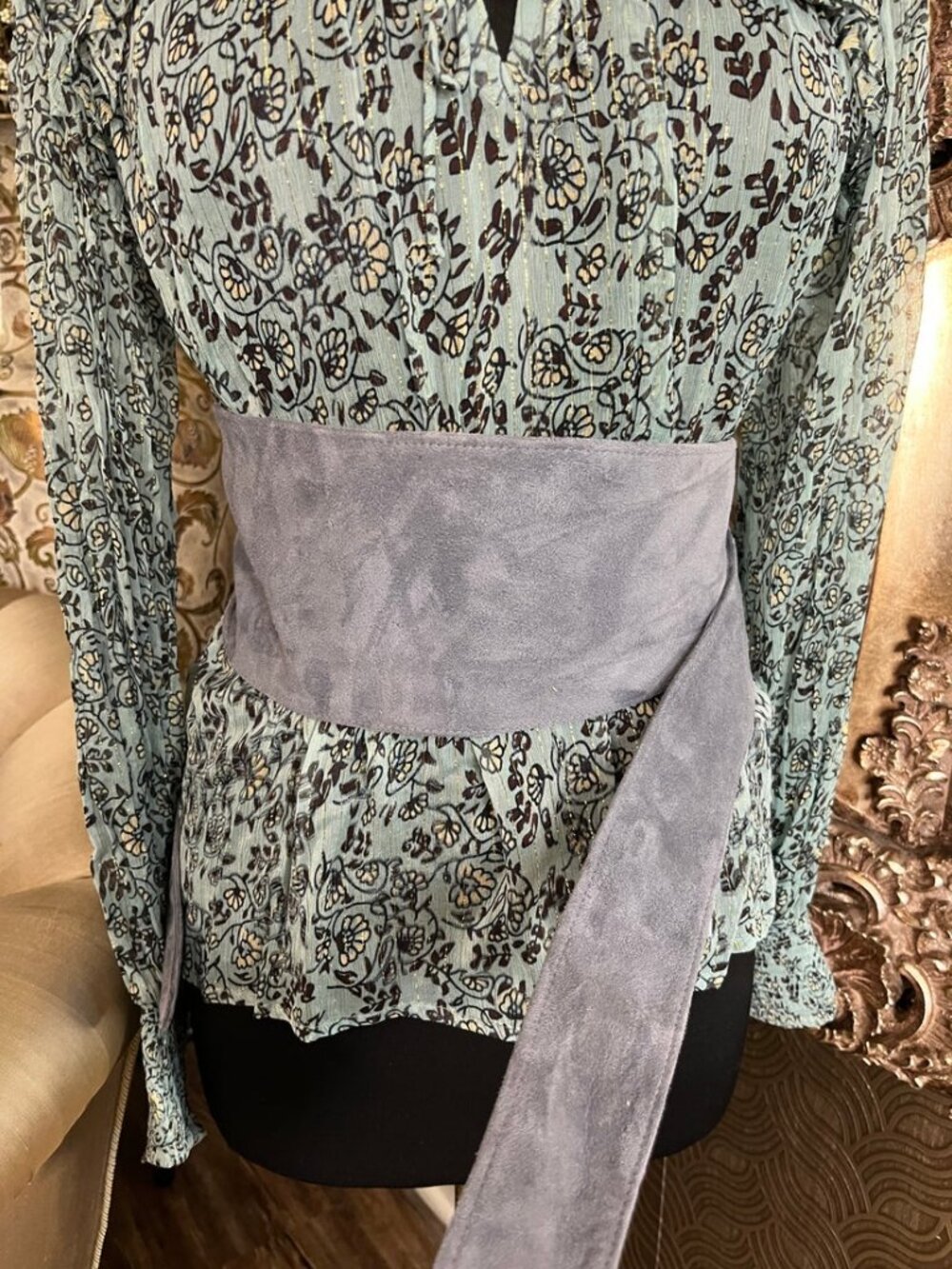 gray suede wide self-tie wrap-around boho belt - Picture 3 of 4